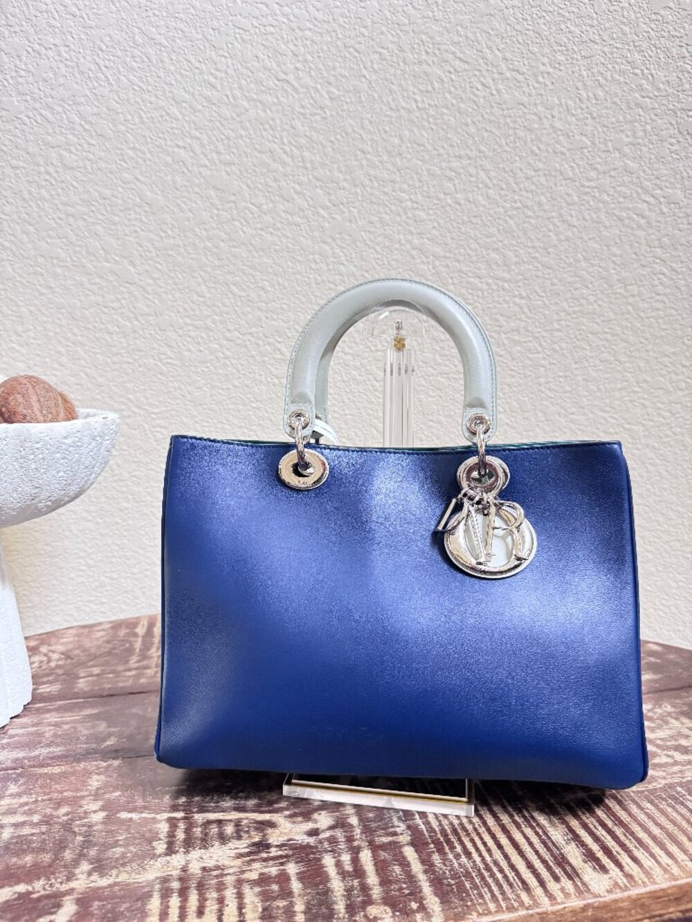 Dior Diorissimo Medium Navy Leather Tote White Handles + COA